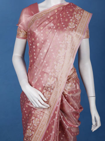 Rose Pink Floral Brocade Design Semi Tissue Saree - Diadem