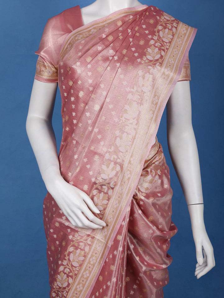 Rose Pink Floral Brocade Design Semi Tissue Saree - Diadem