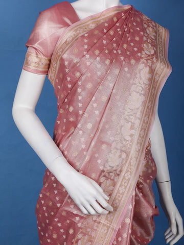 Rose Pink Floral Brocade Design Semi Tissue Saree - Diadem