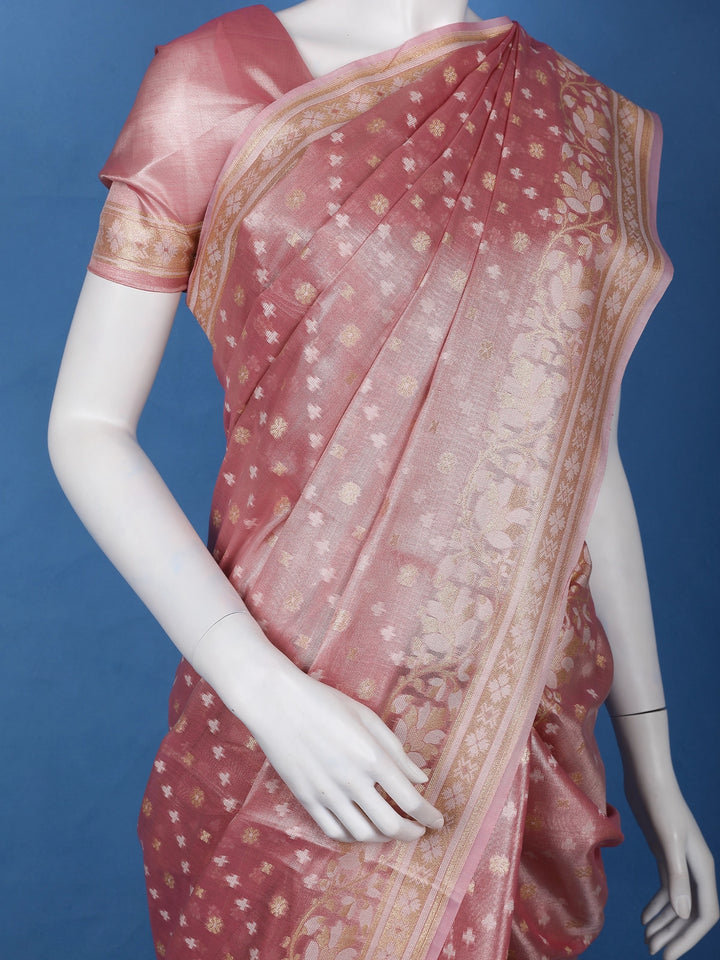 Rose Pink Floral Brocade Design Semi Tissue Saree - Diadem