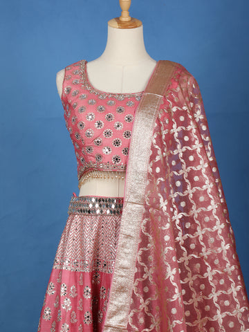 Rose Pink Floral Designed Mirror Work Silk Bridesmaid Lehenga - Diadem