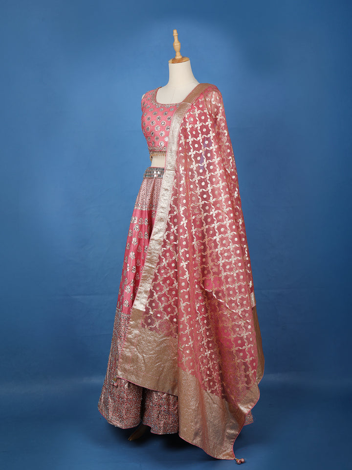 Rose Pink Floral Designed Mirror Work Silk Bridesmaid Lehenga - Diadem