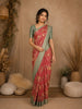 Rose Pink Floral Print Semi Banarasi Saree with Contrast Green Zari Border