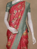 Rose Pink Floral Print Semi Banarasi Saree with Contrast Green Zari Border