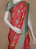 Rose Pink Floral Print Semi Banarasi Saree with Contrast Green Zari Border