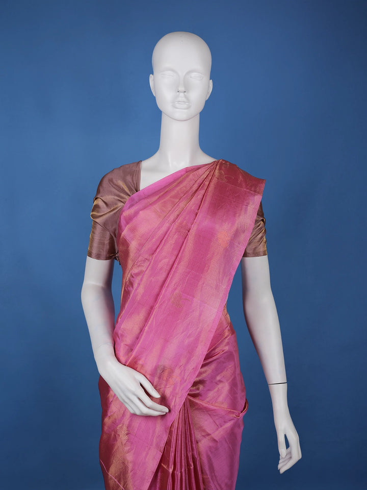 Rose Pink Gold Zari Woven Soft Silk Saree - Diadem