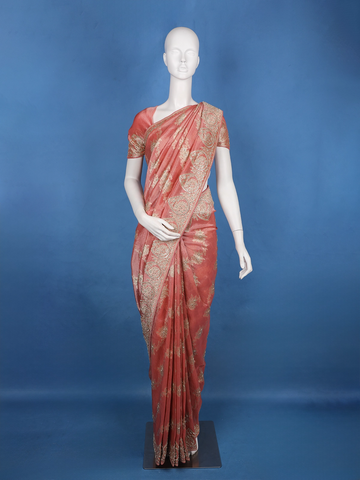 Rose Gold Floral Zari Sequin Embellishment Organza Saree - Diadem