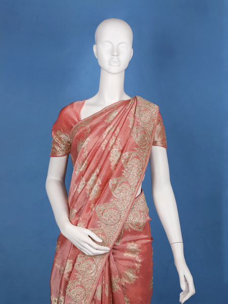 Rose Gold Floral Zari Sequin Embellishment Organza Saree - Diadem