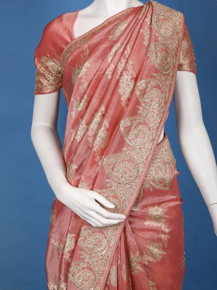 Rose Gold Floral Zari Sequin Embellishment Organza Saree - Diadem