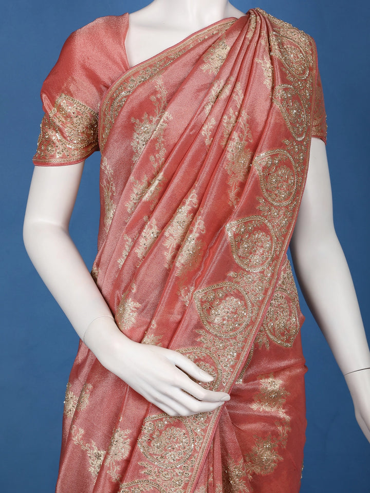 Rose Gold Floral Zari Sequin Embellishment Organza Saree - Diadem