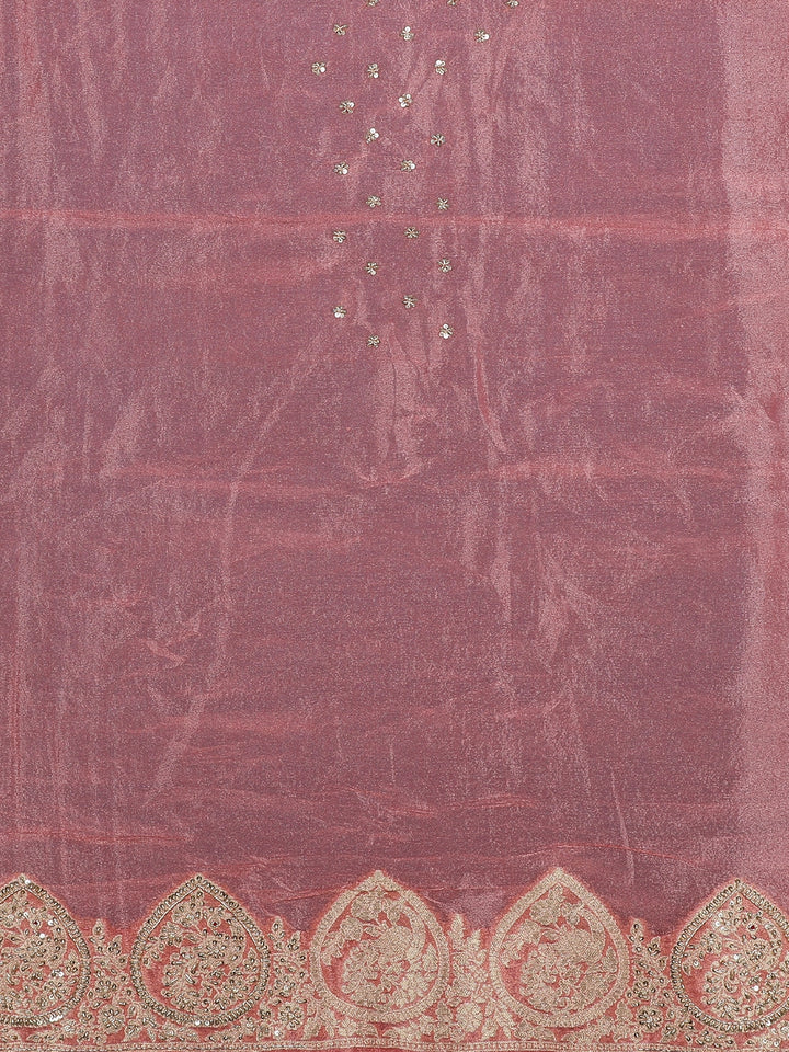 Rose Gold Floral Zari Sequin Embellishment Organza Saree - Diadem