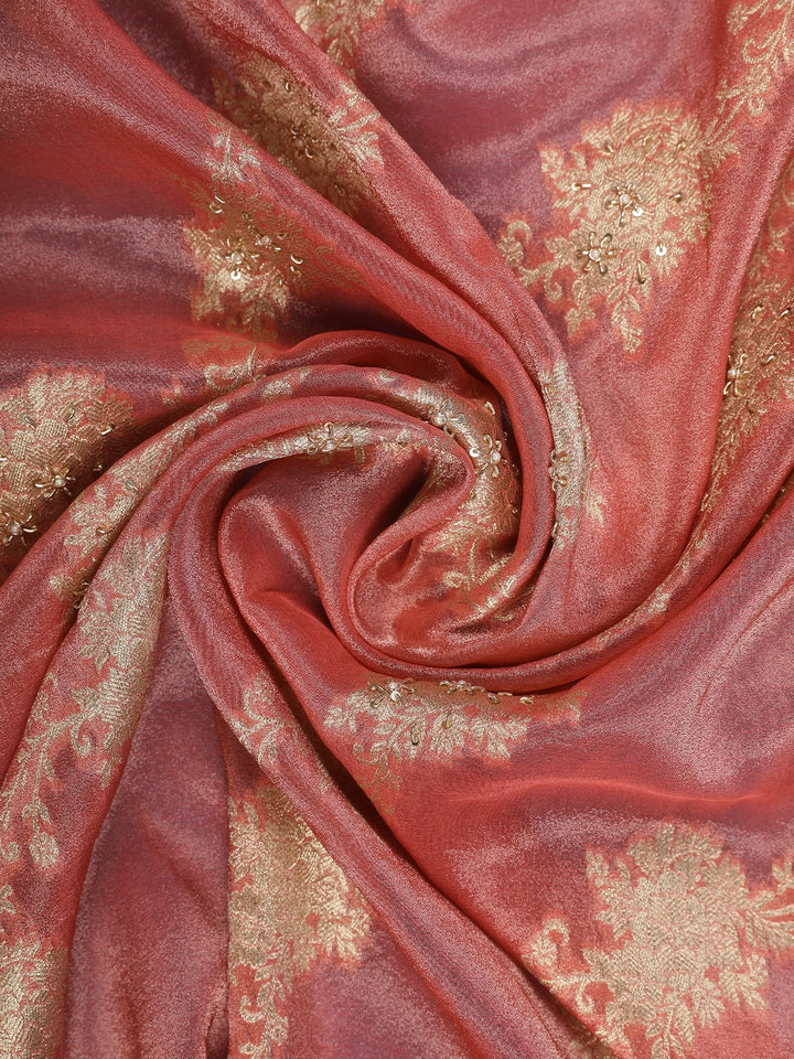 Rose Gold Floral Zari Sequin Embellishment Organza Saree - Diadem