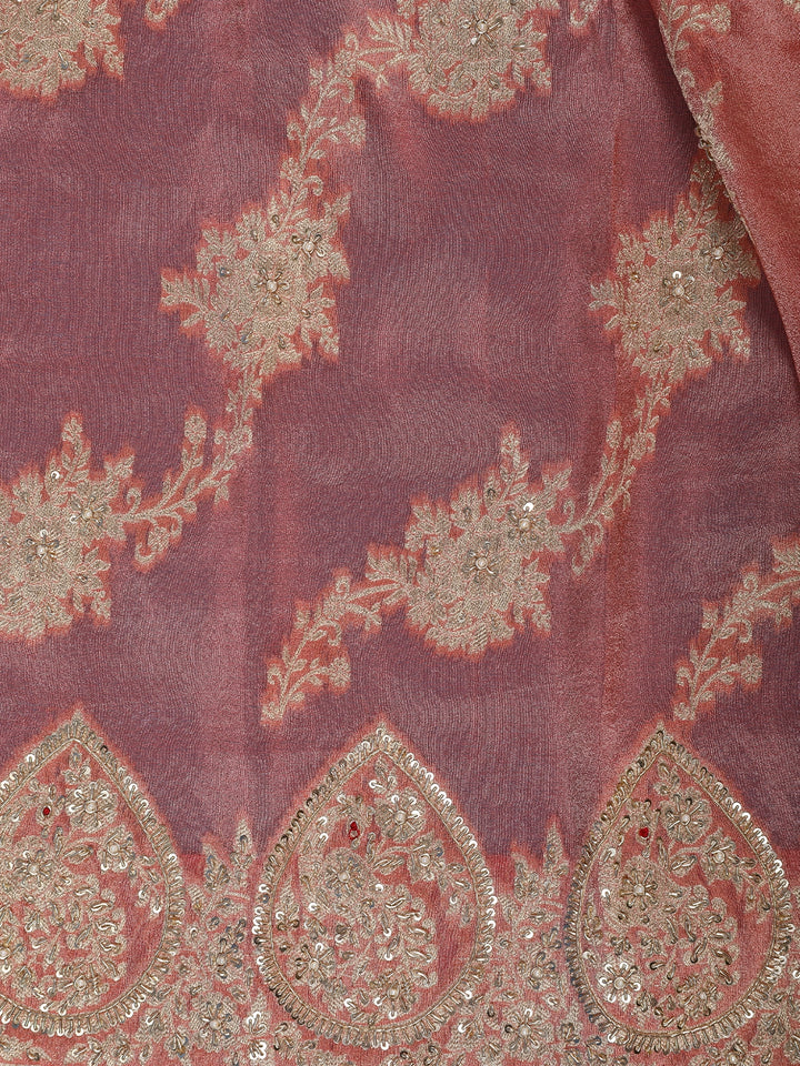 Rose Gold Floral Zari Sequin Embellishment Organza Saree - Diadem