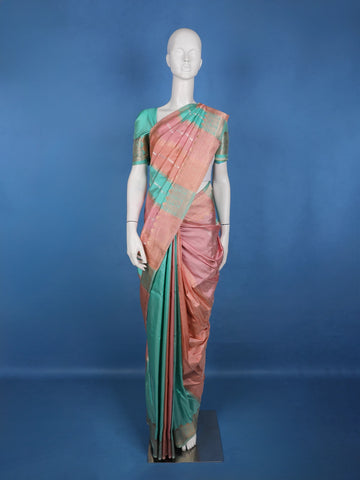 Rose Gold Pink Striped Zari Border Tissue Silk Saree - Diadem