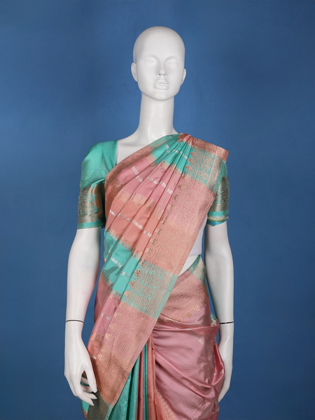 Rose Gold Pink Striped Zari Border Tissue Silk Saree - Diadem