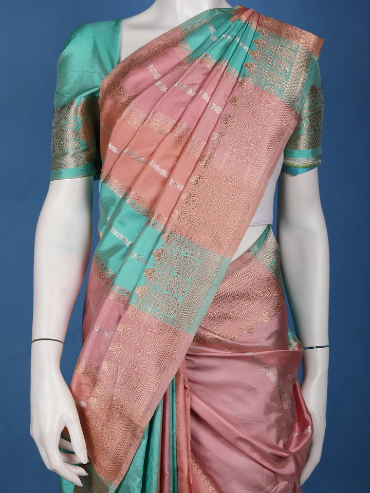 Rose Gold Pink Striped Zari Border Tissue Silk Saree - Diadem