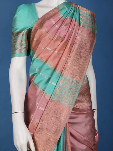 Rose Gold Pink Striped Zari Border Tissue Silk Saree - Diadem