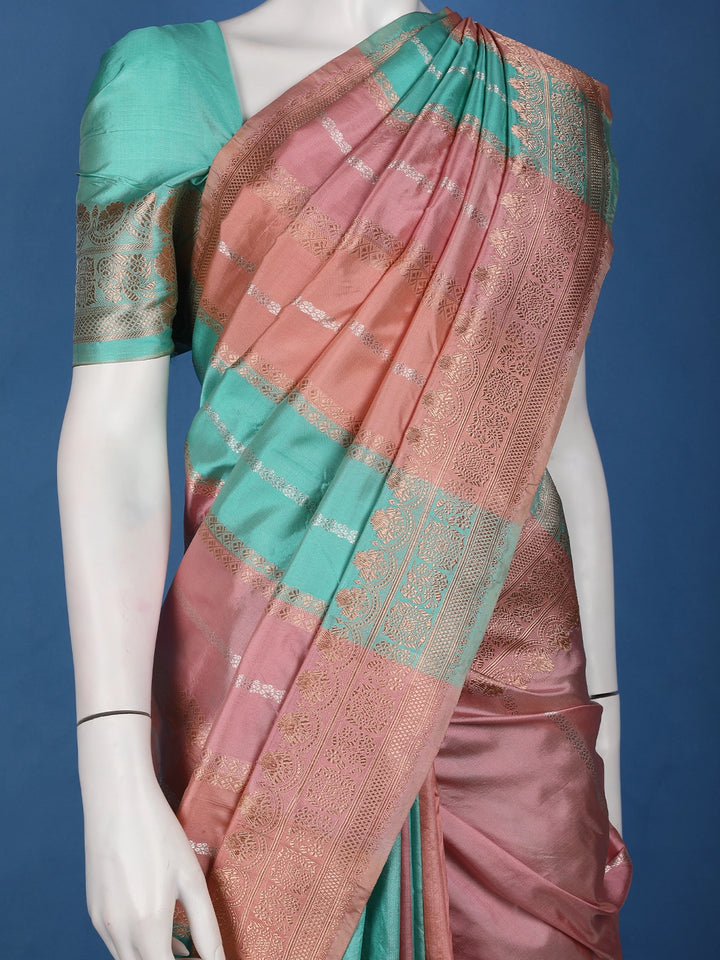 Rose Gold Pink Striped Zari Border Tissue Silk Saree - Diadem