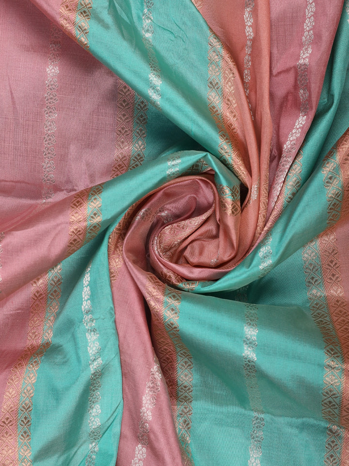 Rose Gold Pink Striped Zari Border Tissue Silk Saree - Diadem