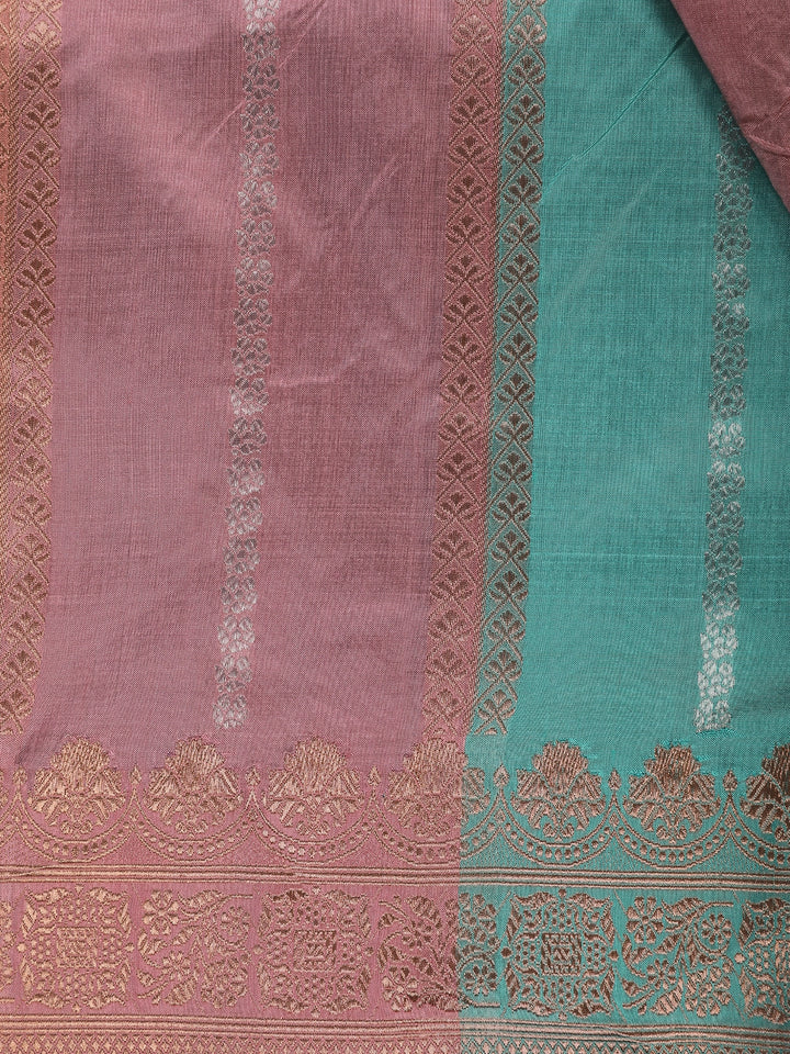 Rose Gold Pink Striped Zari Border Tissue Silk Saree - Diadem
