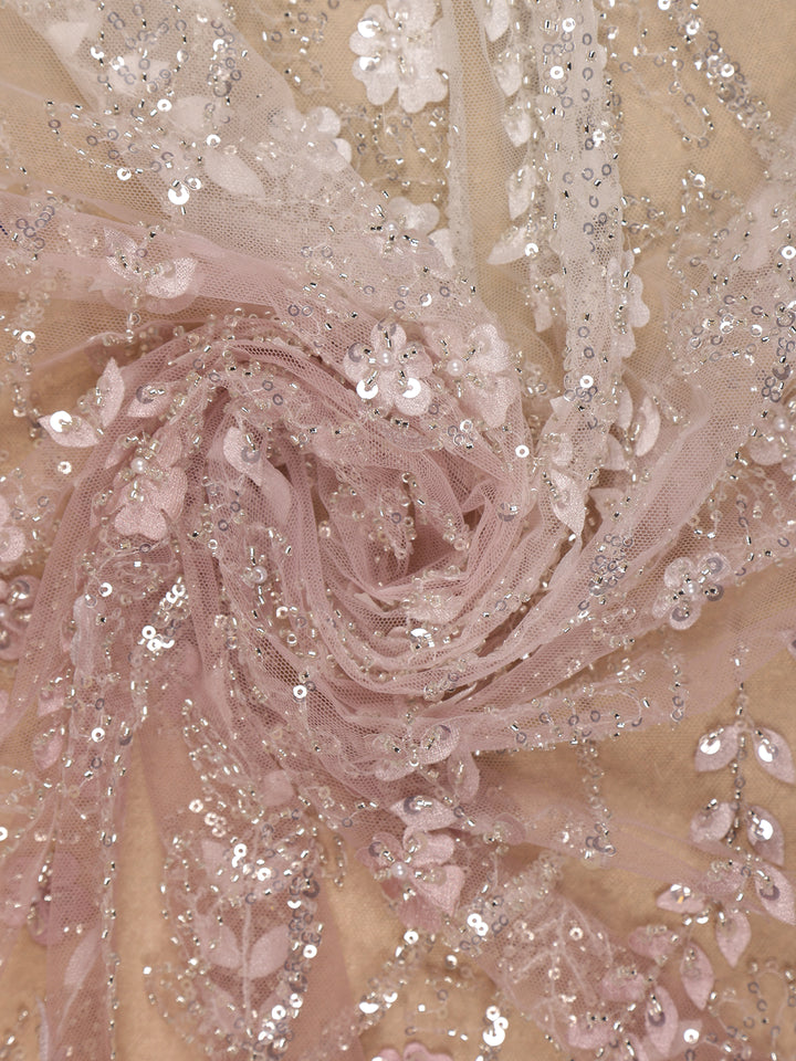 Rose Gold Sequin Floral Designed Beaded Net Saree - Diadem