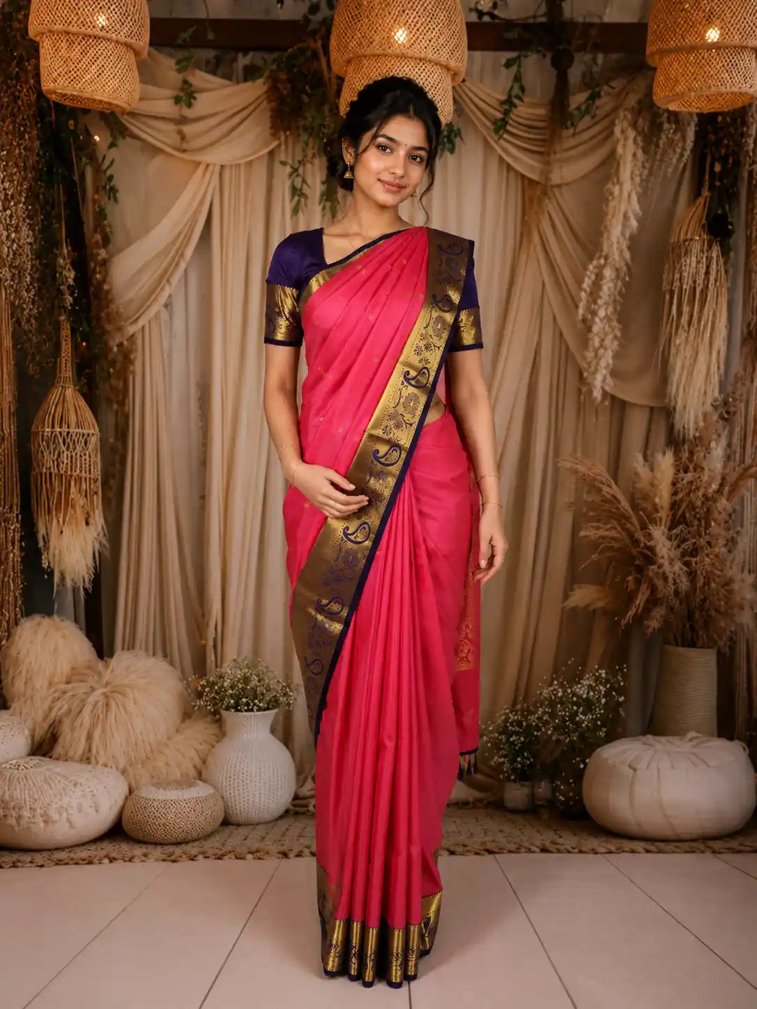 Rose Pink Butta Woven Design Kanchipuram Silk Saree with Contrast Border
