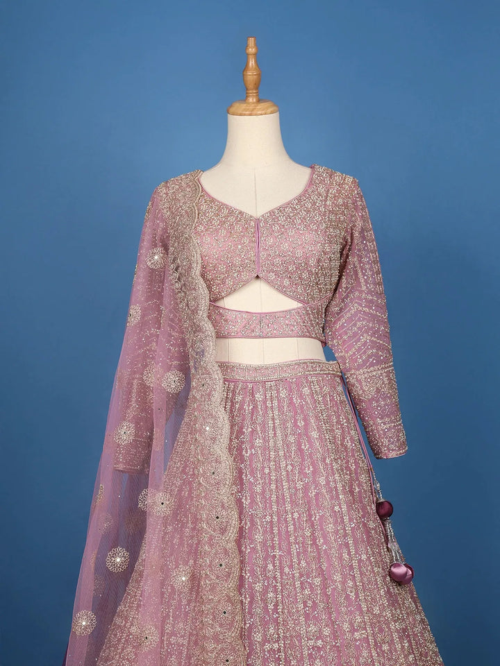 Rose Pink Floral And Sequins Embroidered Design Net Bridal Lehenga - Diadem