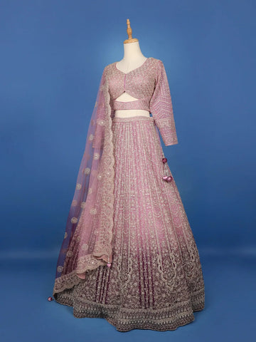 Rose Pink Floral And Sequins Embroidered Design Net Bridal Lehenga - Diadem