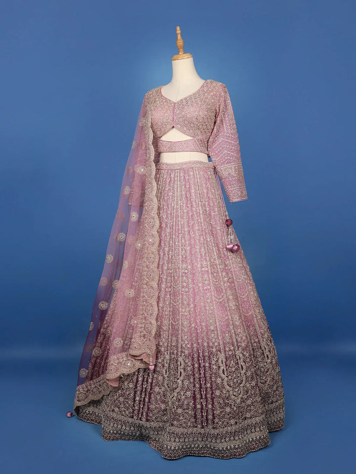 Rose Pink Floral And Sequins Embroidered Design Net Bridal Lehenga - Diadem