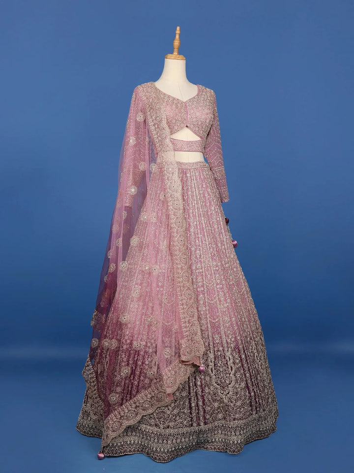 Rose Pink Floral And Sequins Embroidered Design Net Bridal Lehenga - Diadem