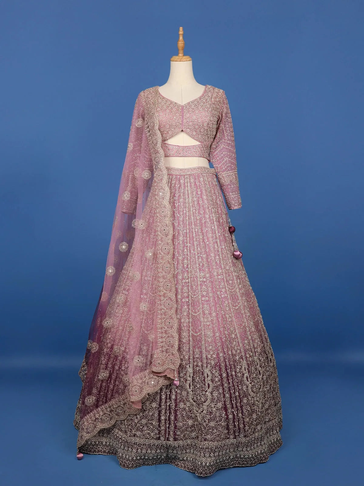 Rose Pink Floral And Sequins Embroidered Design Net Bridal Lehenga - Diadem