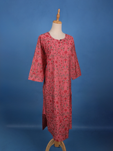 Rose Pink Floral Printed Cotton Kurti - Diadem