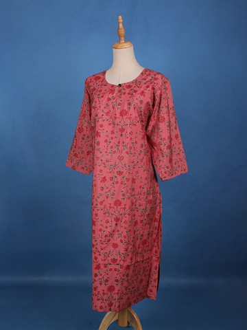 Rose Pink Floral Printed Cotton Kurti - Diadem
