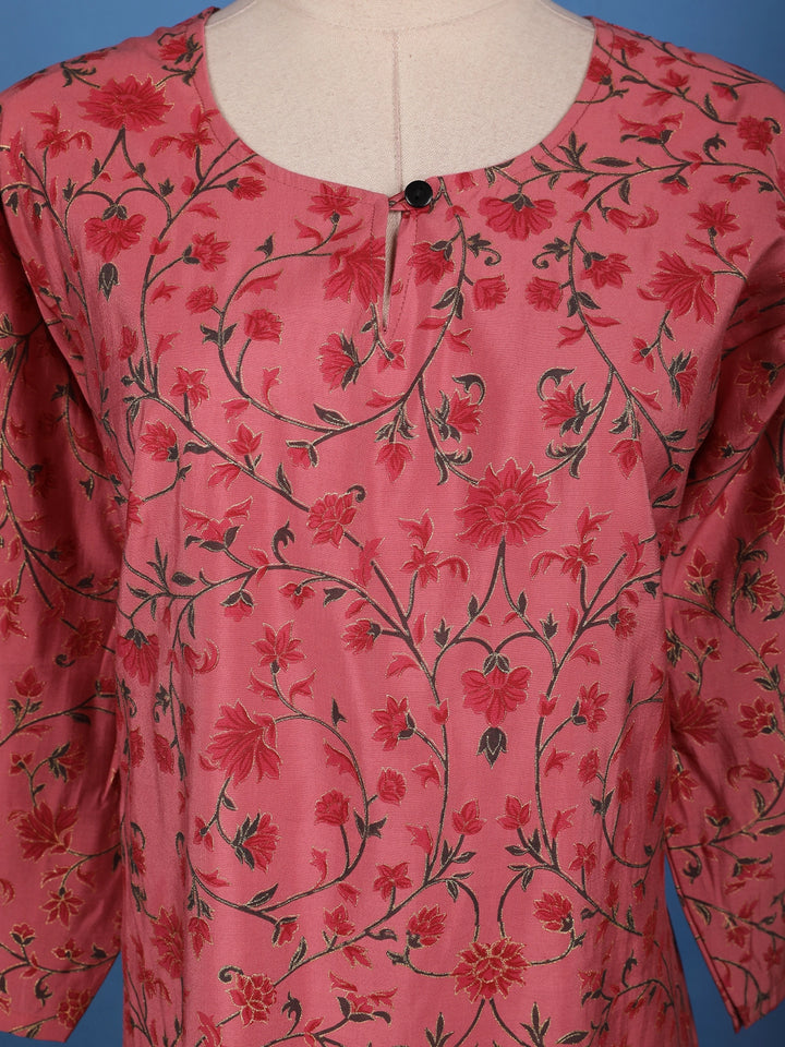 Rose Pink Floral Printed Cotton Kurti - Diadem
