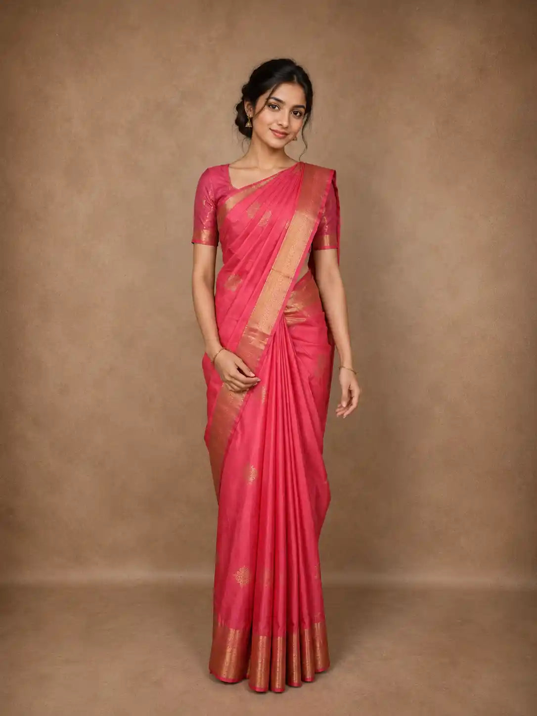 Rose Pink Leaf Butta Woven Design Pure Kanchipuram Silk Saree with Zari Border