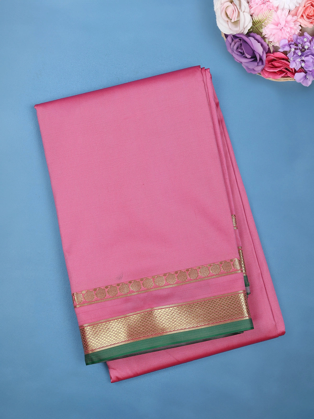Rose Pink with a Gold Zari Border and Green Selvedge Edge Soft Silk Saree - Diadem