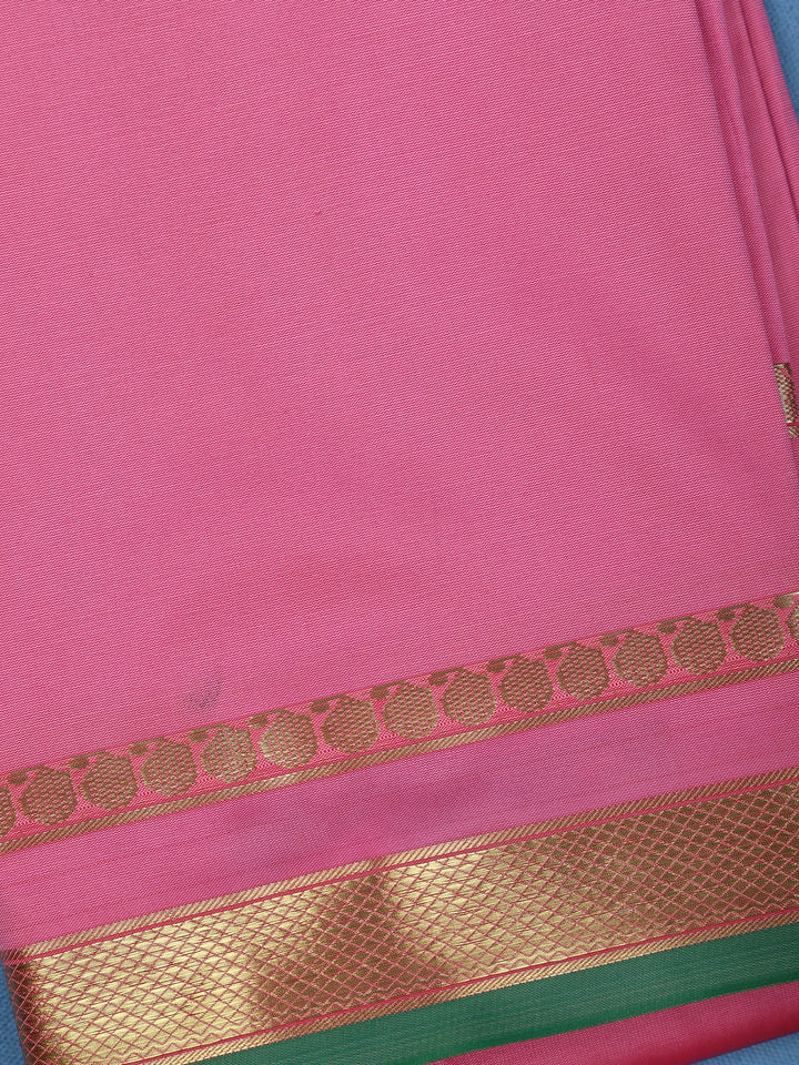 Rose Pink with a Gold Zari Border and Green Selvedge Edge Soft Silk Saree - Diadem