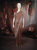 Rosewood Brown Butta Sequins and Beads Embroidered Design Organza Fancy Saree with Scalloped Border