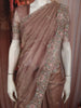 Rosewood Brown Butta Sequins and Beads Embroidered Design Organza Fancy Saree with Scalloped Border