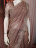 Rosewood Brown Butta Sequins and Beads Embroidered Design Organza Fancy Saree with Scalloped Border