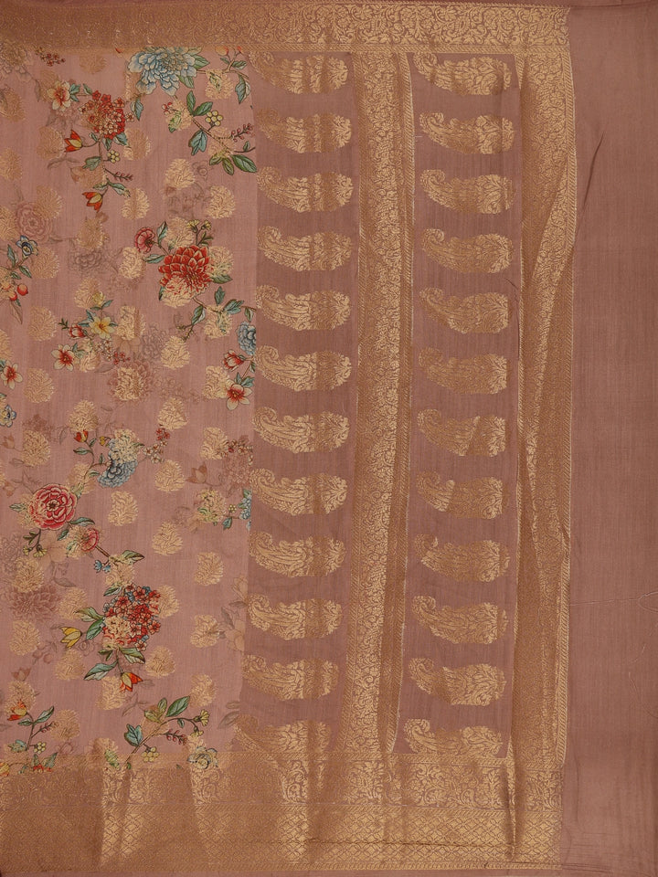 Pink Banarasi Saree with Flower and Leaf Design on the Body with Zari Border - Diadem