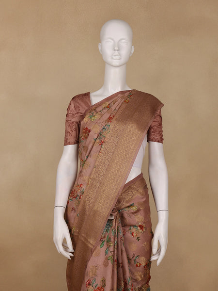 Pink Banarasi Saree with Flower and Leaf Design on the Body with Zari Border - Diadem