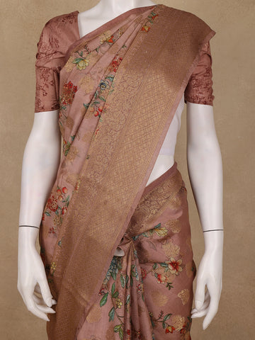 Pink Banarasi Saree with Flower and Leaf Design on the Body with Zari Border - Diadem