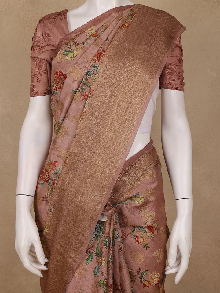 Pink Banarasi Saree with Flower and Leaf Design on the Body with Zari Border - Diadem