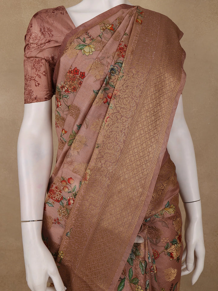 Pink Banarasi Saree with Flower and Leaf Design on the Body with Zari Border - Diadem