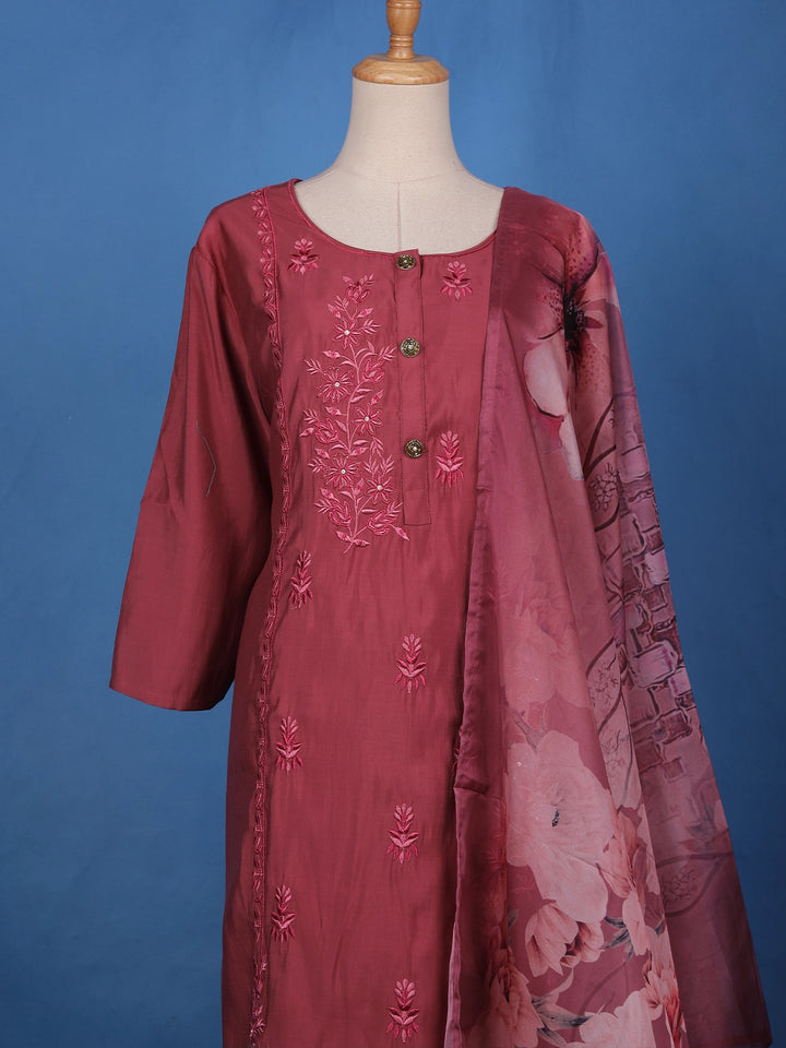 Rosewood Pink Floral Design Embroidered Print Semi Silk Salwar Suit - Diadem