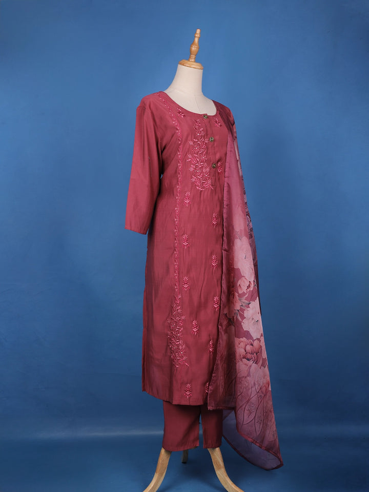 Rosewood Pink Floral Design Embroidered Print Semi Silk Salwar Suit - Diadem
