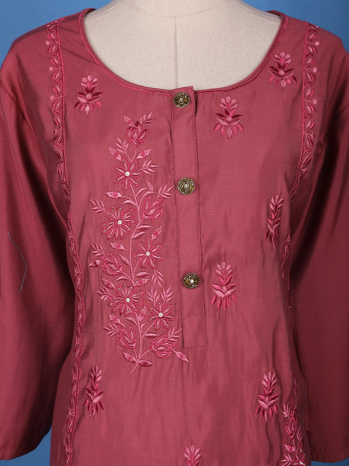 Rosewood Pink Floral Design Embroidered Print Semi Silk Salwar Suit - Diadem
