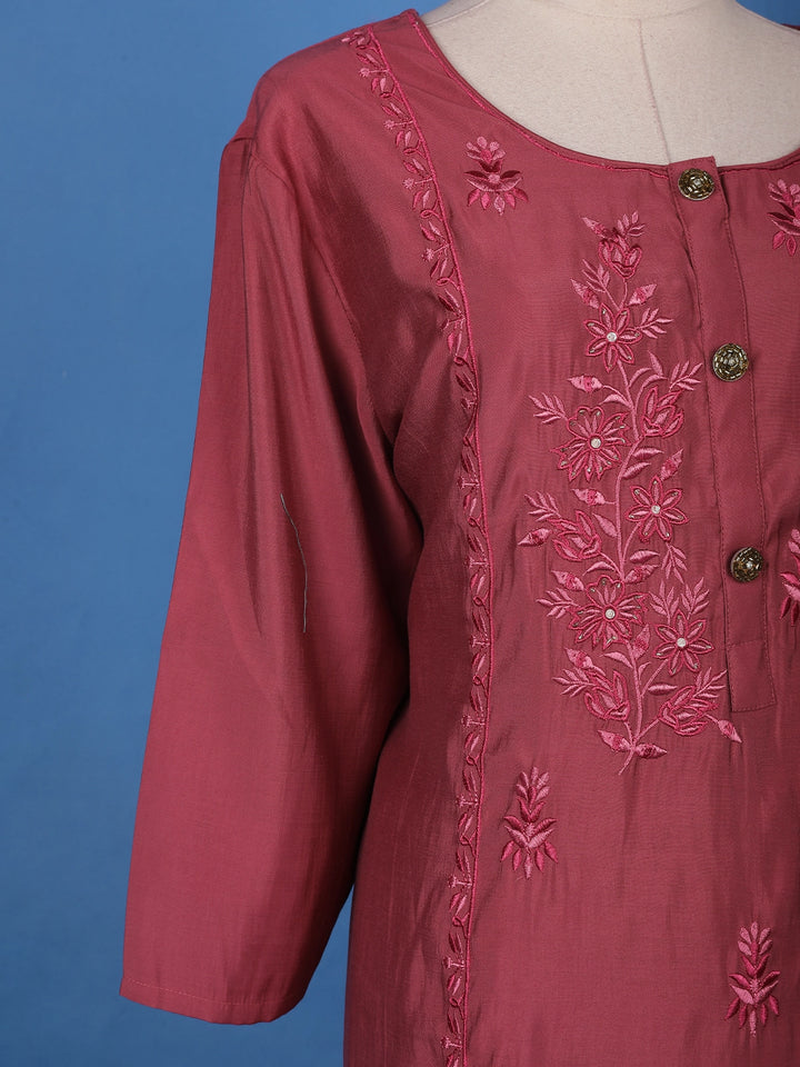 Rosewood Pink Floral Design Embroidered Print Semi Silk Salwar Suit - Diadem