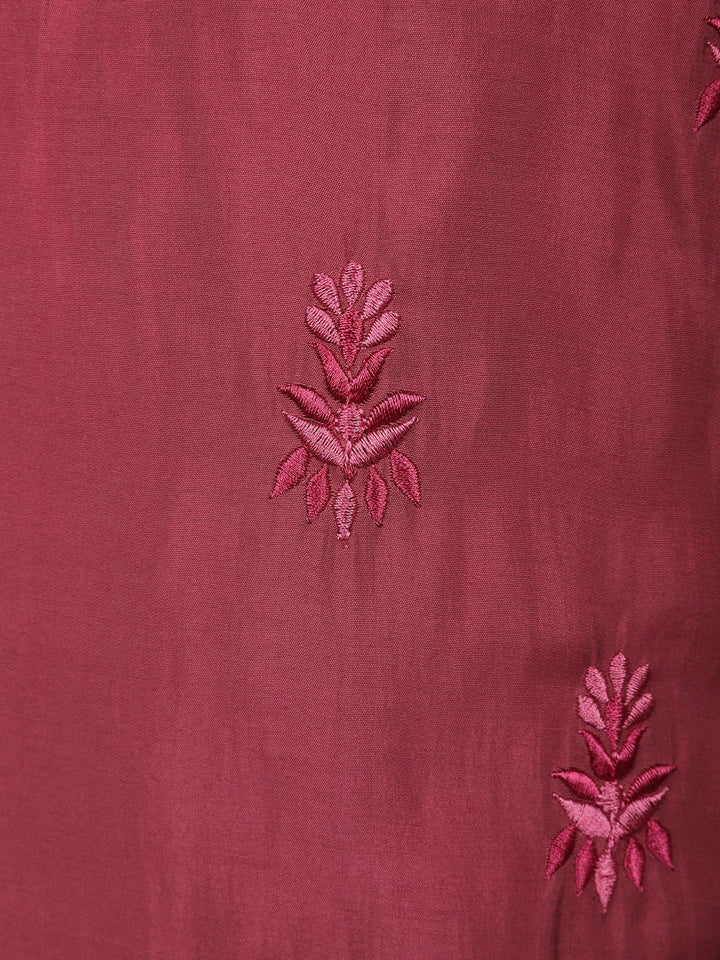 Rosewood Pink Floral Design Embroidered Print Semi Silk Salwar Suit - Diadem